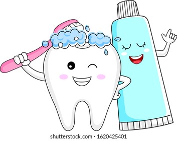 cute cartoon tooth character brushing with toothpaste. Dental care concept. Vector illustration isolated on white background.