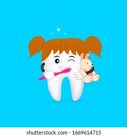 Cute cartoon tooth character brushing with smiley face. Dental care concept. Illustration isolated on blue background.