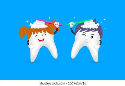 Cute cartoon tooth character brushing with smiley face. Dental care concept. Illustration isolated on blue background.