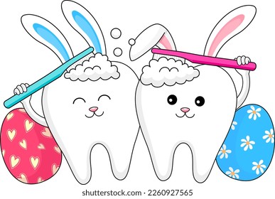 cute cartoon tooth character  brushing together. Happy Easter day. Dental care concept. Vector illustration.