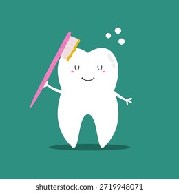 Bonito Cartoon Dente Personagem Escovamento com um Pincel Rosa. Ilustração de vetor adorável