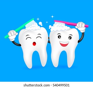 cute cartoon tooth character  brushing together. Great for dental health care concept. Illustration