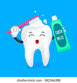 cute cartoon tooth character brushing and holding toothpaste. Great for dental health care concept. Illustration