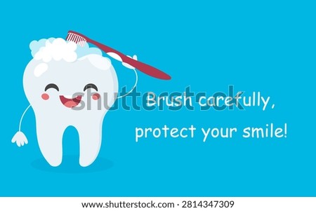 Cute cartoon tooth character brushing itself with foam and a red toothbrush on a bright blue background