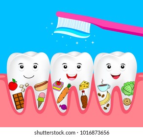 Cute cartoon tooth character. Cleaning food on human tooth, dental care concept. Illustration isolated on blue background.