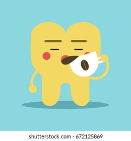 Cute cartoon tooth character with with coffee stains, dental vector Illustration for kids