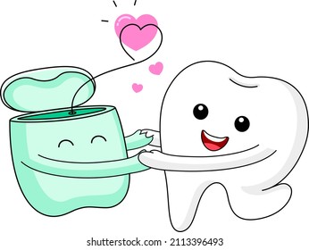 Cute cartoon tooth character and dental floss. I love floss, dental care concept. Vector Illustration.