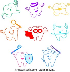 Cute cartoon tooth character with dental care equipment. Care  of your teeth concept. Vector illustration.