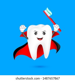 Cute cartoon tooth character design of Dracura. Happy Halloween concept. Illustration isolated on blue background.