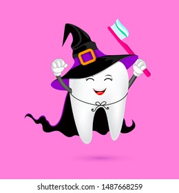 Cute cartoon tooth character design of Witch. Happy Halloween concept. Illustration for your poster, banner, greeting card and party invitation.