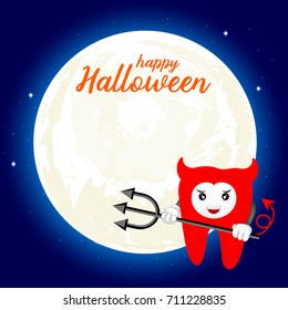 Cute cartoon tooth character. Devil  in moon night, happy Halloween concept. Design for banner, poster, greeting card. Illustration.