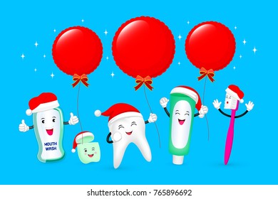 Cute cartoon tooth character with friends. Mouth wash, dental floss, toothpaste and toothbrush.  Merry Christmas and Happy New Year. Illustration isolated on blue background.