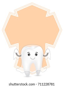 Cute cartoon tooth character. Ghost, happy Halloween concept with frame. Illustration isolated on white background.