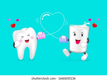 Cute cartoon tooth character and a glass of milk talking on the can phone. Love emotion, happy valentine's day. Illustration isolated on blue background.