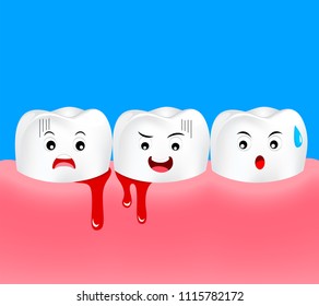 Cute cartoon tooth character with gum problem. Dental care concept, gingivitis and bleeding. Illustration on blue background.