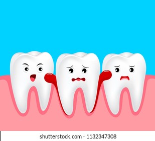 Cute cartoon tooth character with gum problem. Dental care concept, gingivitis and bleeding. Illustration on blue background.