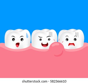 Cute cartoon tooth character with gum problem. Dental care concept, swollen gums or periodontal disease. Illustration.