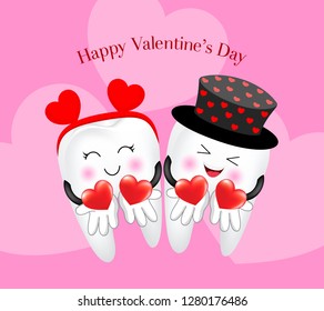 Cute cartoon tooth character with heart. Couple in love, Valentine's day concept. Illustration on pink background.