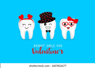 Cute cartoon tooth character with heart. Bright smile for Valentine's concept. Illustration isolated on blue background.