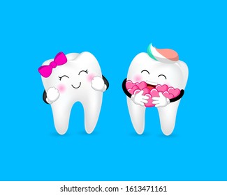 Cute cartoon tooth character with heart. Couple in love, Valentine's day concept. Illustration on blue background.