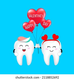 Cute cartoon tooth character with heart balloon. Bright smile for Valentine's concept. Illustration.