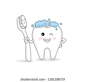 cute cartoon tooth character holding toothbrush. Dental care concept. Vector illustration isolated on white background.