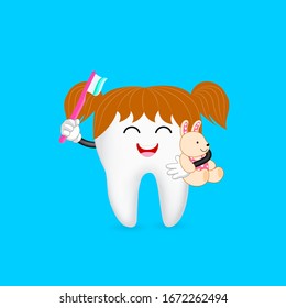 Cute cartoon tooth character holding toothbrush. Dental care concept. Illustration isolated on blue background.