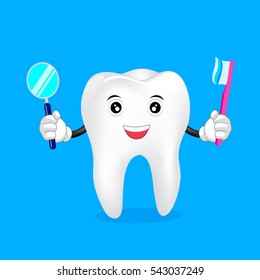 Cute cartoon tooth character holding toothbrush and mouth mirror. illustration, great for dental health care concept.