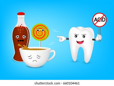 Cute cartoon tooth character holding no acid sign. Acidic food and drink, coffee, aerated soft drink and candy. Dental care concept, illustration isolated on blue background.