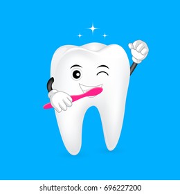 cute cartoon tooth character holding toothbrush. Brush your teeth twice a day, daily dental care concept. illustration isolated on blue background.