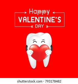 Cute cartoon tooth character holding heart. Happy  Valentine's day.  Illustration isolated on red background.