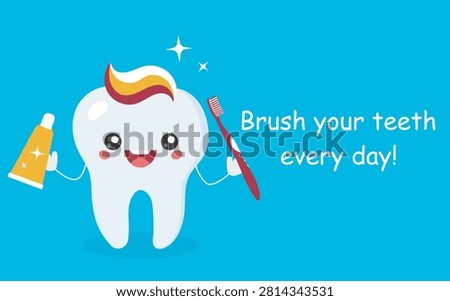 Cute cartoon tooth character holding a toothbrush and toothpaste on a bright blue background