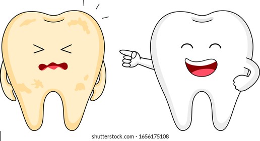 Cute cartoon tooth character Laughing. Whitening and yellow teeth comparision. Dental care concept. Vector illustration isolated on white background.