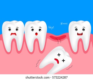 Cute cartoon tooth character. Lost  baby teeth concept. Dental care illustration.