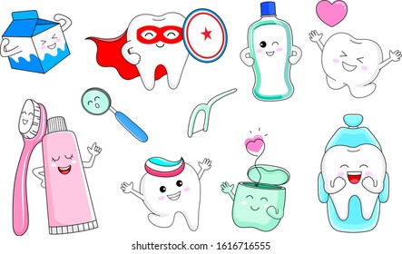 Cute cartoon tooth character with mouthwash, toothbrush, toothpaste, dental floss and with dental care equipment. Dental care concept. Vector illustration isolated on white background.