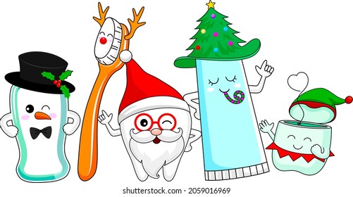 Cute cartoon tooth character with mouthwash, toothbrush, toothpaste and dental floss. Merry Christmas concept. Vector illustration.