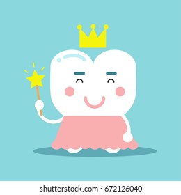 Cute cartoon tooth character in a pink dress and gold crown holding magic wand, dental vector Illustration for kids