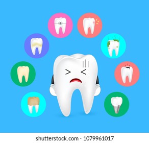 Cute cartoon tooth character with tooth problem set icons.  illustration isolated on blue background.
