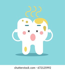 Cute cartoon tooth character with remnants of food, dental vector Illustration for kids