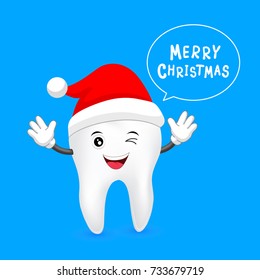 Cute cartoon tooth character with Santa hat. Merry Christmas and happy new year. Illustration isolated on blue background.