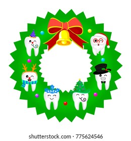Cute cartoon tooth character set on circle shape. Merry Christmas and happy new year. Illustration isolated on white background.