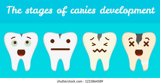 Cute cartoon tooth character show stages of caries development. Dental care concept, illustration isolated on blue background