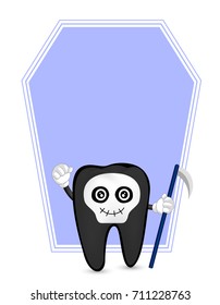 Cute cartoon tooth character. Skull devil, happy Halloween concept with frame. Illustration isolated on white background.