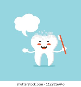 Cute cartoon tooth character smiling, cleaning himself with toothbrush. Concept of giving advice for proper dental and teeth care for kids and adults.