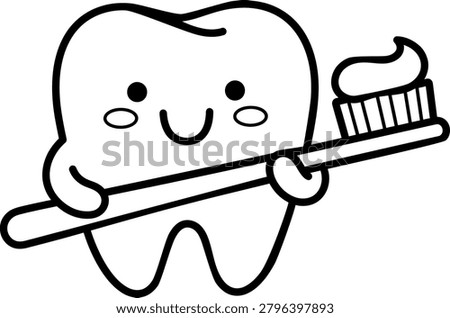 Cute cartoon tooth character smiling while brushing its teeth with a toothbrush on a plain white background.