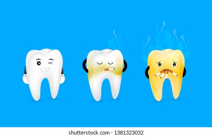 Cute cartoon tooth character smoking before and after. Smoking effect on human teeth. Dental care concept. Stop smoking, World No Tobacco Day. Illustration on blue background.