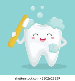 Cute cartoon tooth character with soft foam bubbles brushing himself with toothbrush. Stomatology, dental concept. Kawaii style cartoon character illustration. Dental care 