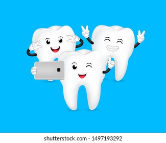 Cute cartoon tooth character taking selfie. take a photo with mobile phone. Dental care concept. Illustration isolated on blue background.