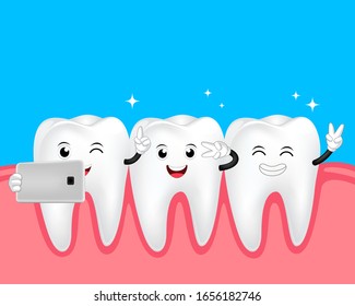 Cute cartoon tooth character taking selfie. Take a photo with mobile phone. Dental care concept. Illustration isolated on blue background.