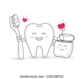 cute cartoon tooth character with toothbrush and dental floss. Dental care concept. Vector illustration isolated on white background.